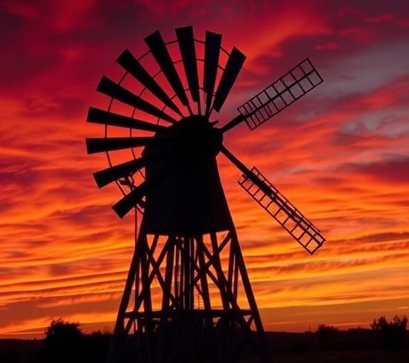 historical Oklahoma windmill, iconic, cast against a fiery sky, photorealistic, symbolizing the state’s heritage, highly detailed, spinning blades, shot with a Canon EOS-1D X Mark III, deep reds and oranges, silhouette lighting, shot with a zoom lens