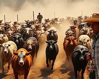 Oklahoma livestock, bustling, being herded by a cowboy, photorealistic, dusty corral surrounded by fence posts, highly detailed, movement and energy of the herd, shot with a Fujifilm X-T4, natural earth colors, afternoon light, shot with a telephoto lens