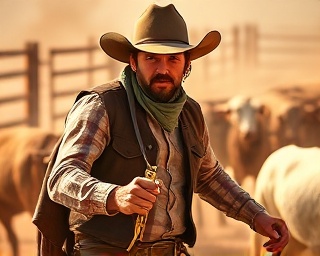 rugged ranch cowboy, determined expression, roping cattle, photorealistic, dusty corral with wooden fences and tumbleweeds, highly detailed, swirling dust and motion blur, low f-stop, burnt orange hues, midday harsh lighting, shot with a 100mm macro lens.