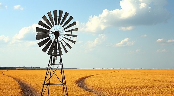 Oklahoma windmill, nostalgic, turning in the breeze, photorealistic, backdrop of golden wheat fields, highly detailed, blades casting shadows, shot with a Canon EOS 90D, pale blue sky with fluffy clouds, directional afternoon light, shot with a 135mm lens