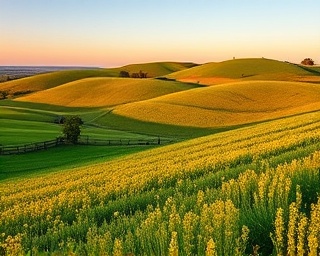 rolling Oklahoma countryside, idyllic, dotted with wildflowers, photorealistic, gentle hills under a clear sky, highly detailed, gentle breeze felt in the air, shot with a Panasonic GH5, vibrant greens and yellows, golden hour light, shot with a 20mm lens