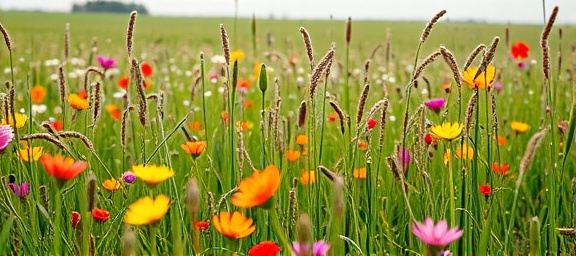 flowering Oklahoma meadow, mesmerizing, swaying under a gentle wind, photorealistic, with diverse plant life, highly detailed, seeds floating in the air, shot with a Sony Alpha 1, spectrum of vibrant colors, diffused light, shot with a 35mm lens