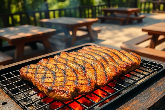 charred beef grill, savory and satisfying expression, sizzling on the grill, photorealistic, vibrant picnic setting with wooden tables, highly detailed, sparks of grill fire, high dynamic range, saturated hues, harsh sunlight, shot with an 85mm lens