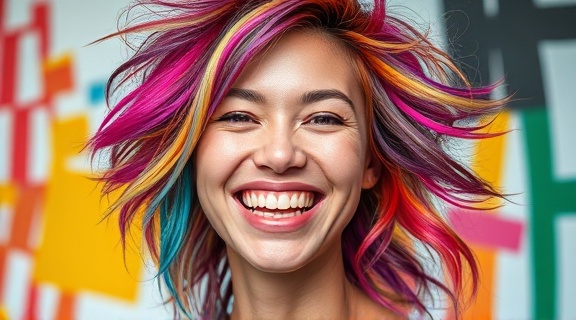 exclusive hairstyle, joyful expression, flaunting vibrant color, photorealistic, creative studio setting with abstract art, highly detailed, hair vibrantly reflecting hues, fine grain, spectrum of colors, dramatic lighting, shot with a wide-angle lens.