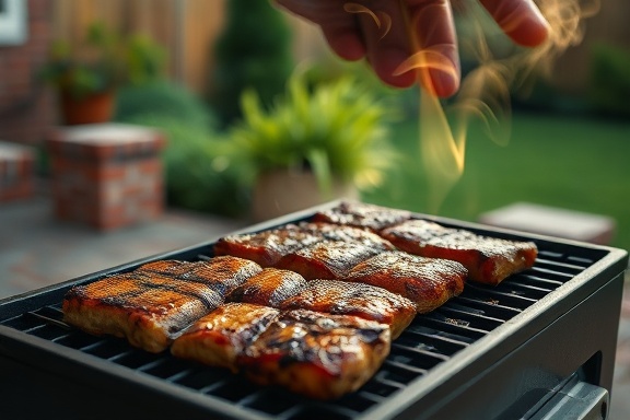 classic grill, perfectly seared, releasing fragrant smoke, photorealistic, backyard setting with a brick patio and green garden, highly detailed, wisps of smoke dancing in the air, shallow depth of field, warm earthy tones, soft, diffused evening light, shot with a 50mm lens