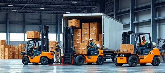 large delivery boxes, hardworking team, loading into truck, photorealistic, industrial loading dock setting, highly detailed, forklifts in motion, high definition, neutral colors, ambient lighting, shot with a standard lens