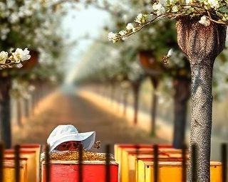 Oklahoma beekeeper, focused, inspecting the hives, photorealistic, orchard with blooming trees, highly detailed, bees buzzing around, shot with a Fujifilm GFX 100S, honey and pollen tones, soft morning light, shot with a close-up lens
