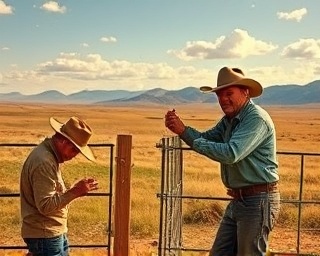 vintage ranch, serene expression, cowboys repairing a fence, photorealistic, open prairie with distant mountains, highly detailed, moving shadows of clouds, wide aperture, warm earthy colors, golden hour lighting, shot with a 24-70mm zoom lens.
