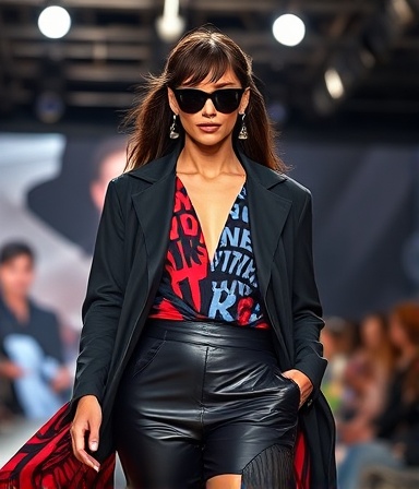 exclusive fashion, bold expression, displaying cutting-edge outfit, photorealistic, fashion runway with dramatic flair, highly detailed, fabrics flowing smoothly, sharp clarity, colorful accents, spotlight illumination, shot with a 35mm lens.