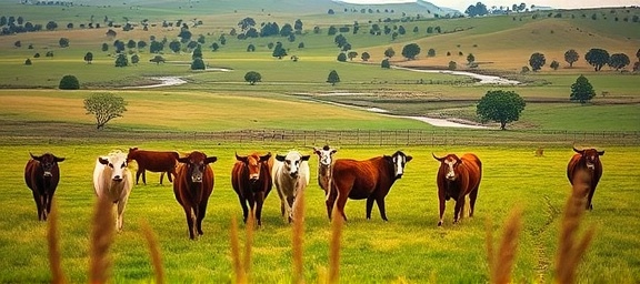 classic ranch livestock, peaceful expression, livestock calmly grazing, photorealistic, expansive ranchland with scattered trees and streams, highly detailed, gentle breeze moving through grass, precise clarity, natural green and golden tones, overcast lighting, shot with a 200mm telephoto lens.