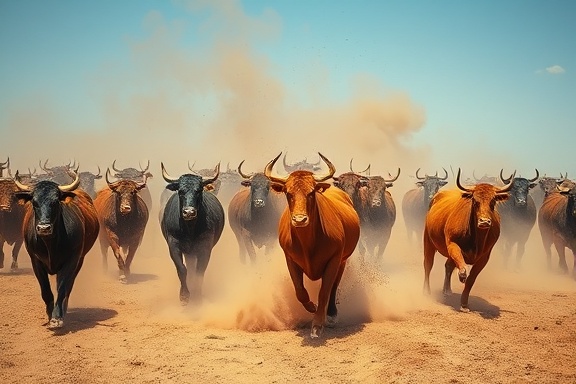 Oklahoma cattle roundup, energetic, dust swirling around, photorealistic, wide open plains and blue sky, highly detailed, dynamic motion of animals, shot with a Nikon Z9, browns and blues, midday bright light, shot with a telephoto lens