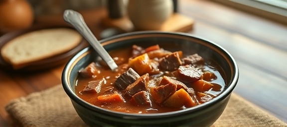 freshly made Oklahoma beef stew, savory, steaming in a bowl, photorealistic, homely kitchen table with bread, highly detailed, steam rising, shot with a Canon EOS RP, rich warm colors, indoor cozy lighting, shot with a macro lens