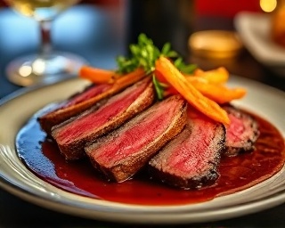 gourmet beef delight, refined appreciation expression, artfully arranged, photorealistic, chic bistro with modern artwork, highly detailed, delicate garnishing, crisp and clean lines, luxurious deep reds and browns, soft spot lighting, shot with a 24mm lens