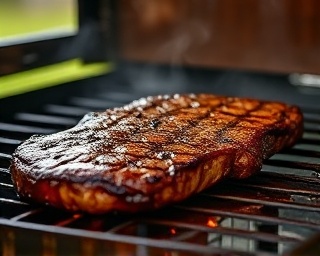 juicy Oklahoma steak, mouth-watering, sizzling on a grill, photorealistic, outdoor barbecue setup, highly detailed, smoke curling in the air, shot with a Sony A7 III, deep reds and browns, midday light, shot with a 35mm lens