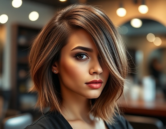 exclusive hairstyle, confident expression, styled intricately with precision, photorealistic, urban salon with modern aesthetics, highly detailed, hair gleaming under lights, precise focus, vibrant highlights, studio lighting, shot with an 85mm lens.