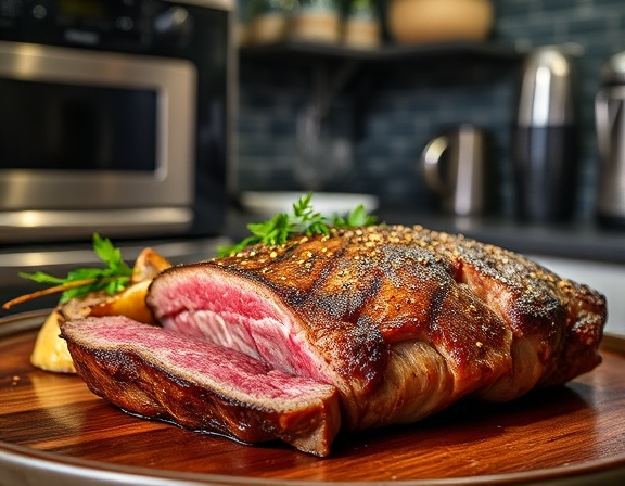 classic gourmet beef, elegantly presented, garnished and ready to serve, photorealistic, in an upscale kitchen with stainless steel appliances, highly detailed, steam rising from the meat, capturing savory aroma, rich brown with flecks of seasoning, studio lighting, shot with a zoom lens