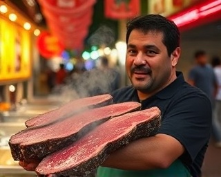 delectable beef presentation, amazed expression, ingeniously cooked, photorealistic, bustling food festival with vibrant stalls, highly detailed, drifting aromatic smoke, high clarity, vivid and lively color palette, midday lighting, shot with a 70-200mm lens