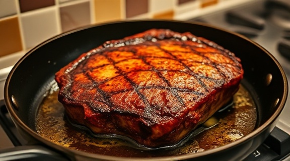 classic ribeye steak, thick cut, sizzling in a cast-iron skillet, photorealistic, kitchen setting with tiled backsplash, highly detailed, oil bubbling at the edges, rich reddish-brown with perfect sear marks, overhead lighting, shot with an 85mm prime lens