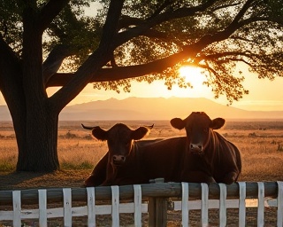 Oklahoma cattle, tranquil, lounging under a tree, photorealistic, rural landscape with mountains in the distance, highly detailed, sun casting long shadows, shot with a Nikon D850, warm browns, golden hour, shot with a 50mm prime lens