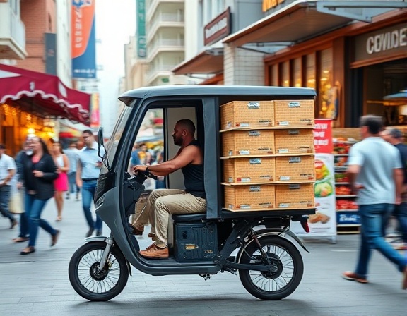 modern delivery truck, focused driver, stacking delivery boxes, photorealistic, bustling market street backdrop, highly detailed, motion blur of pedestrian movement, high resolution, bright colors, soft daylight, shot with a telephoto lens