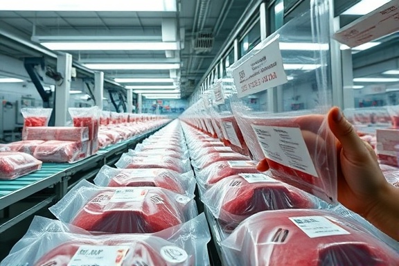 industrial beef packaging, meticulous precision, sealing and labeling, photorealistic, factory floor with conveyor belts and machinery, highly detailed, transparent vacuum packs, 1/125 exposure, bright fluorescent illumination, shot with a 24mm wide-angle lens