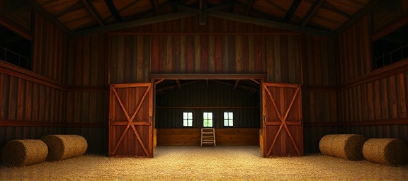 spacious Oklahoma barn, inviting, doors wide open, photorealistic, traditional barn with hay bales, highly detailed, wind slightly moving the vegetation, shot with a Leica SL2, rich reds and yellows, soft shadow play, shot with a 28mm lens
