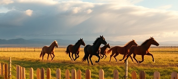 traditional ranch landscape, majestic expression, horses galloping across the field, photorealistic, panoramic vistas with a dramatic sky of rolling clouds, highly detailed, dynamic movement captured, large Depth of Field, vibrant natural colors, diffused sunlight, shot with a 16-35mm wide-angle lens.