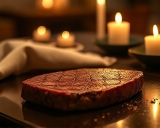 premium beef cut, appreciative and content expression, perfectly rested, photorealistic, intimate candlelit setting with soft fabrics, highly detailed, mirrored surface reflections, finely grained detail, warm and neutral tones, low-light lighting, shot with a 105mm lens