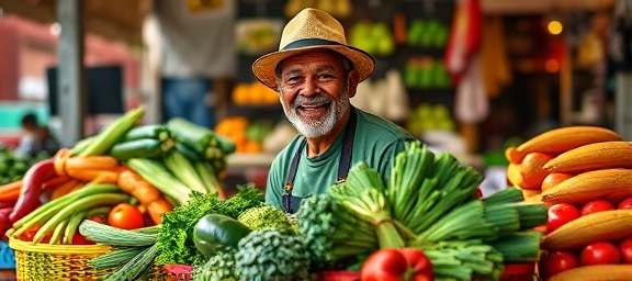 colorful delivery produce, smiling vendor, arranging vegetables, photorealistic, open-air market with stalls, highly detailed, dynamic shadow play, HDR, vibrant hues, natural light, shot with a macro lens