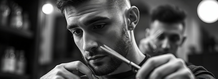 exclusive barber, focused expression, crafting an undercut, photorealistic, sleek contemporary barber station, highly detailed, scissors glinting, high resolution, monochrome, soft spotlight, shot with a macro lens.