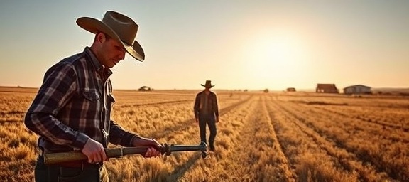 Oklahoma ranch hands, diligent, working in the field, photorealistic, open land with distant houses, highly detailed, tools glistening in the sun, shot with a Panasonic Lumix S1, natural and rugged hues, late afternoon light, shot with a 70-200mm lens