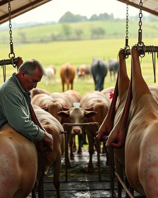 traditional beef slaughtering, serious determination, efficient handling, photorealistic, open countryside abattoir with green fields in view, highly detailed, visible cattle, f/11 aperture, muted earth tones, soft morning light, shot with a 70-200mm telephoto lens
