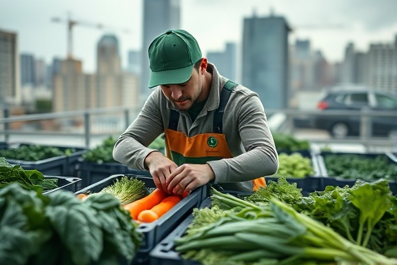 eco-friendly delivery produce, attentive employee, securing vegetables in crates, photorealistic, urban rooftop garden environment, highly detailed, city skyline in background, realistic depth of field, cool colors, overcast light, shot with a tilt-shift lens