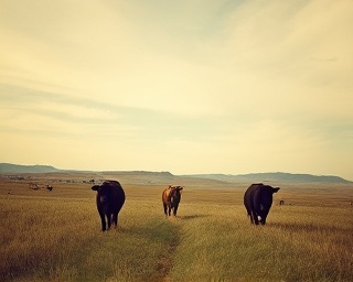 weathered ranch vintage, contemplative expression, cattle grazing in the pastures, photorealistic, endless rolling hills under a vast sky, highly detailed, gentle wind rustling grass, sharp foreground focus, faded colors, soft natural lighting, shot with an 85mm lens.