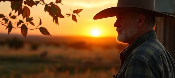 timeless ranch heritage, wise expression, rancher observing the land, photorealistic, quaint homestead with a backdrop of setting sun, highly detailed, subtle motion of leaves and prairie flora, shallow depth with sharp focus, nostalgic browns and golds, sunset silhouette lighting, shot with a 70-200mm lens.