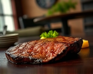 juicy beef steak, delighted expression, expertly seared, photorealistic, cozy dining room with rustic features, highly detailed, gently wafting steam, fine and smooth texture, natural muted shades, diffused window lighting, shot with a macro lens