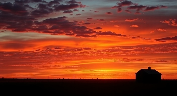 Oklahoma ranch sunset, breathtaking, horizon with silhouetted barn, photorealistic, vibrant sky with scattered clouds, highly detailed, colors blending at the horizon, shot with a Sony A9, fiery oranges and deep purples, sunset glow, shot with a 16-35mm lens