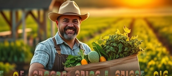 fresh delivery vegetables, enthusiastic farmer, showcasing harvest, photorealistic, quaint countryside farm, highly detailed, breeze rustling leaves, 4K resolution, earthy shades, golden hour glow, shot with a prime lens