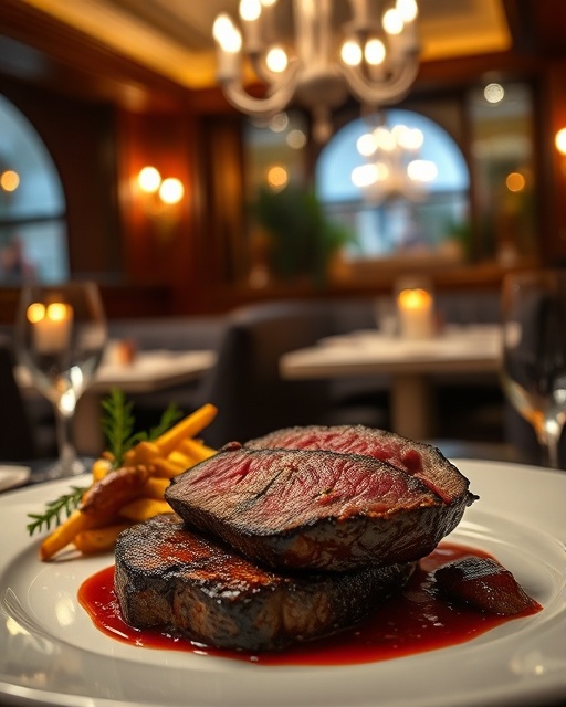 exquisite beef dinner, indulgent expression, delicately plated, photorealistic, upscale restaurant interior with elegant decor, highly detailed, flickering candlelight reflections, fine grain texture, rich color contrast, ambient lighting, shot with a 35mm lens