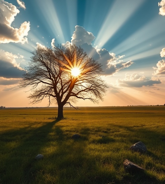 Oklahoma sunlight breaking through clouds, ethereal, illuminating a lone tree, photorealistic, open field with a few scattered stones, highly detailed, sunbeams creating lens flare, shot with a Canon EOS M6, sunlight gold and field greens, dramatic light, shot with an ultra-wide lens