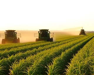 traditional Oklahoma farming, productive, harvesting crops, photorealistic, expansive field with farm machinery, highly detailed, dust rising from the equipment, shot with a Canon 5D Mark IV, green and gold hues, soft morning light, shot with a wide-angle lens