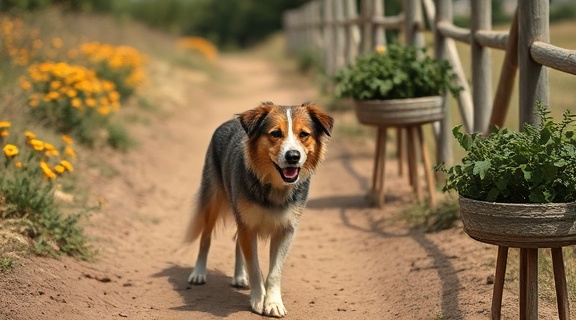 Oklahoma farm dog, alert, guarding the entrance, photorealistic, dirt path lined with wildflowers, highly detailed, fur blowing in the wind, shot with a Olympus OM-D E-M1 Mark III, earth tones and blues, crisp daylight, shot with a 50mm lens