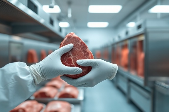 diligent beef hygiene, careful inspection, sanitizing equipment, photorealistic, modern sterile facility with stainless steel surfaces, highly detailed, glove-clad hands, f/8 depth of field, clean white tones, balanced overhead lighting, shot with an 85mm portrait lens