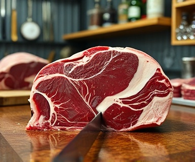 classic marbled beef, glistening with fat, being sliced open, photorealistic, inside a rustic butcher shop with wooden countertops, highly detailed, the texture of the marbling prominently displayed, vibrant reds and creamy whites, neutral diffused lighting, shot with a macro lens